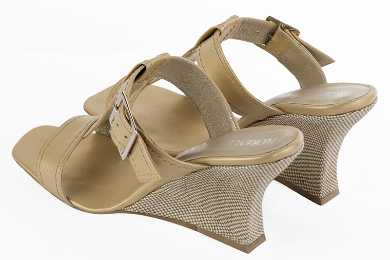 Gold women's fully open mule sandals. Square toe. High wedge heels. Rear view - Florence KOOIJMAN